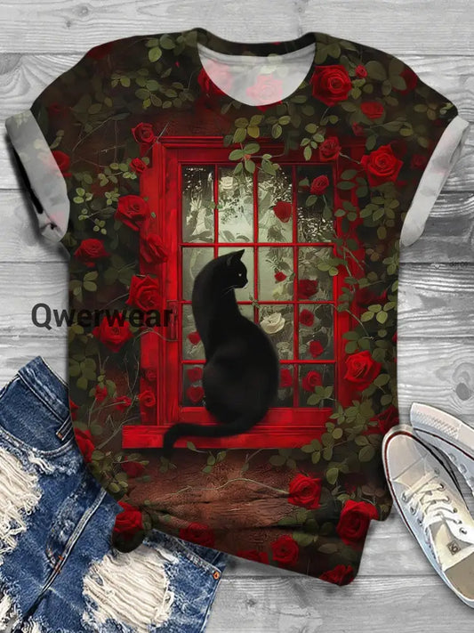 Women’s Cat In The Flowers Crew Neck T-shirt Mixed Color / S Women\’s Tops