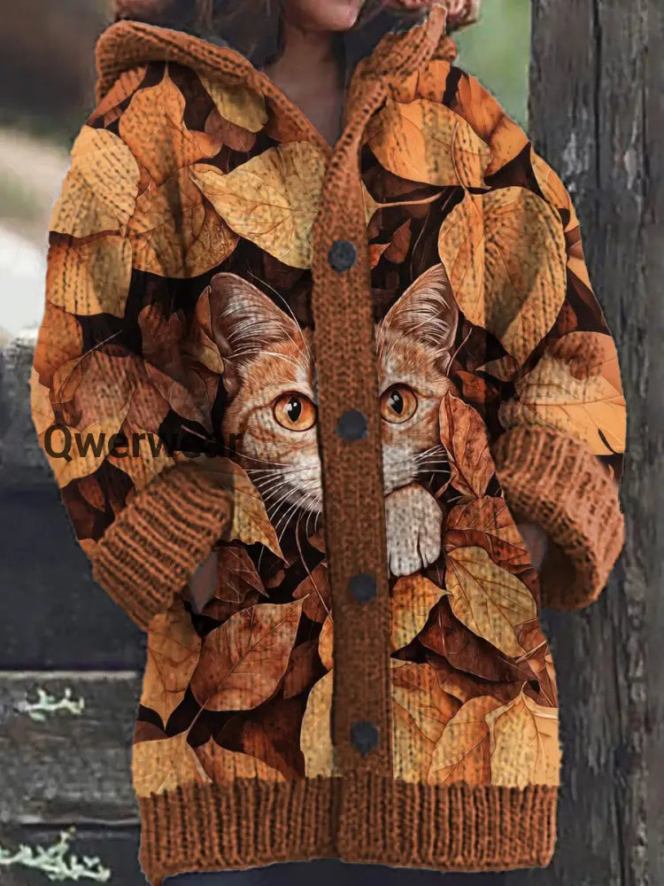 Women’s Cat Leaf Pattern Casual Warm Button Hooded Cardigan Brown / S