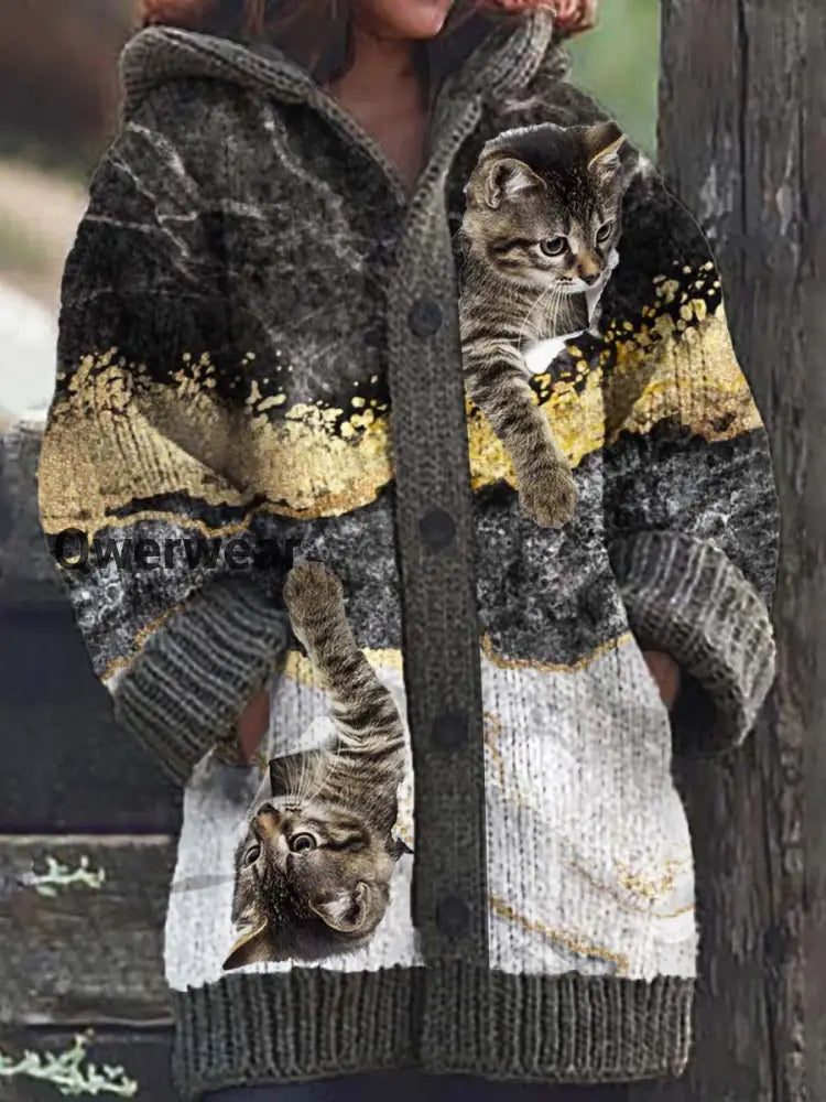 Women’s Cat Pattern Casual Comfortable Knitted Hooded Cardigan Gray / S