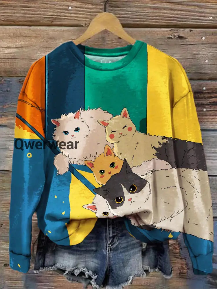 Women’s Cat Rainbow Print Long Sleeve Top Mixed Color / S Women\’s Tops