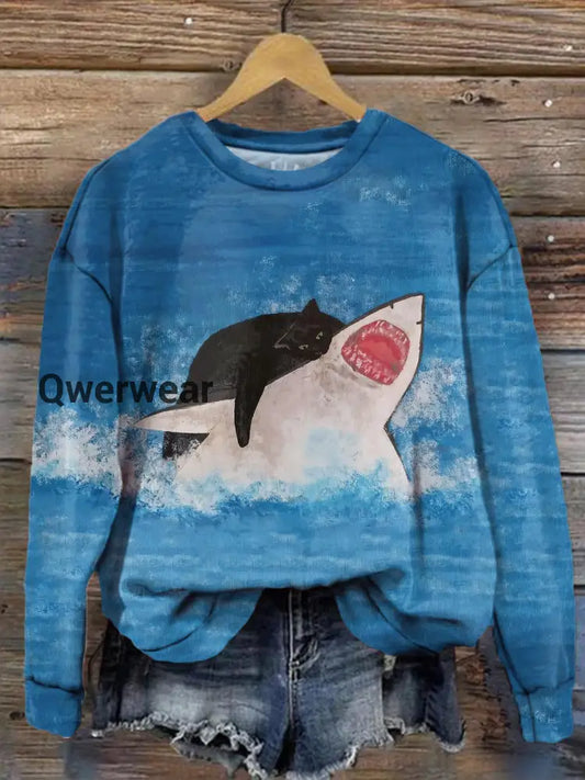 Women’s Cat Shark Ocean Fun Print Long Sleeve Top Mixed Color / S Women\’s Tops