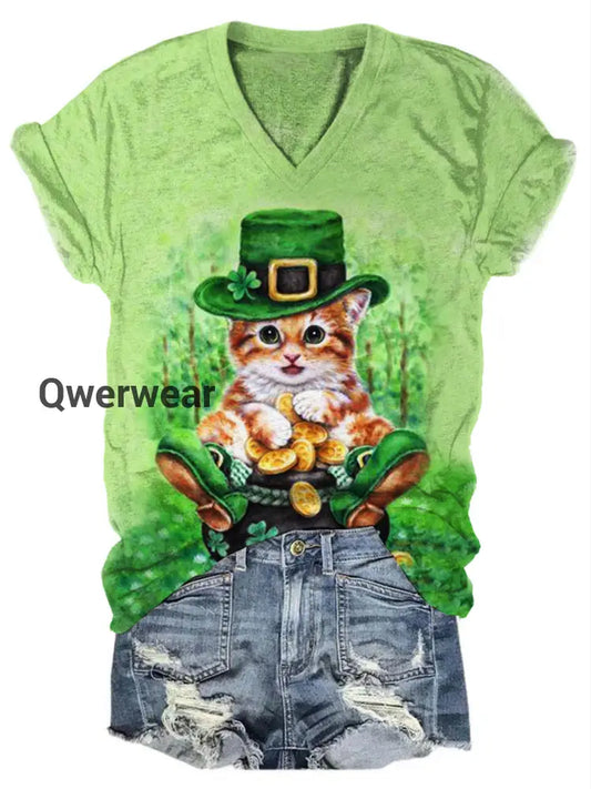 Women’s Cat St. Patrick’s Day Print Top Green / S Women\’s Tops