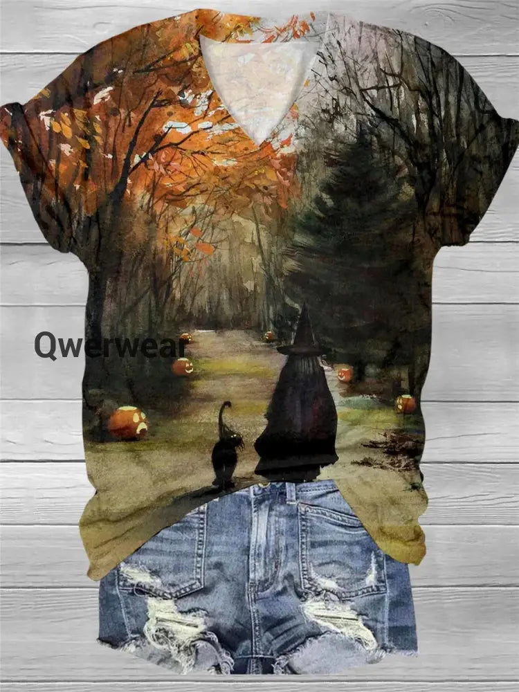Women’s Chic Witch Art Print V-Neck T-Shirt B / S