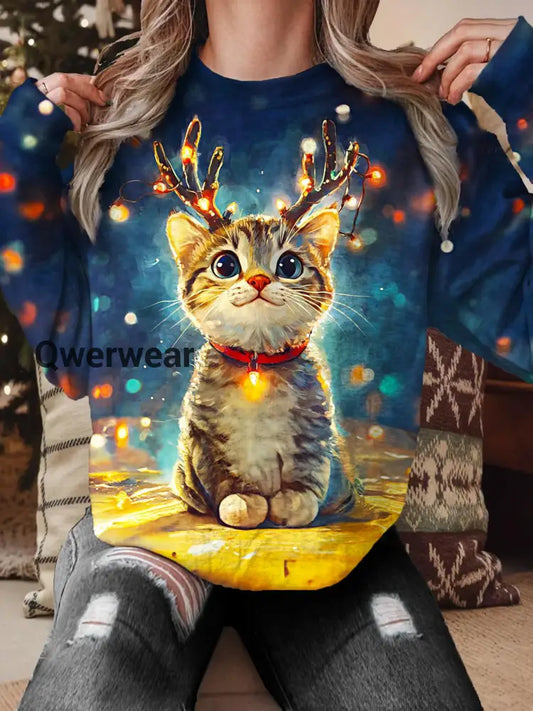 Women’s Christmas Antler Cat Printed Long Sleeve Casual Top Mixed Color / S Women\’s Tops