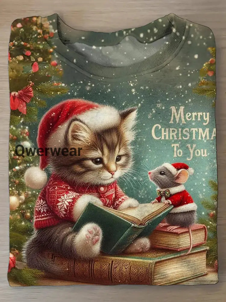 Women’s Christmas Cat Book Pattern Casual Round Neck Short Sleeve T-shirt Green / S