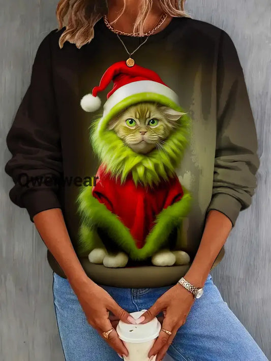 Women’s Christmas Cat Character Print Long Sleeve Top Mixed Color / S Women\’s Tops