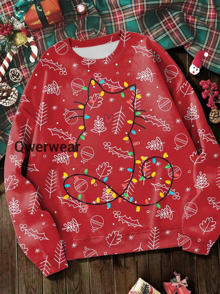 Women’s Christmas Cat Fun Print Long Sleeve Top Mixed Color / S Women\’s Tops