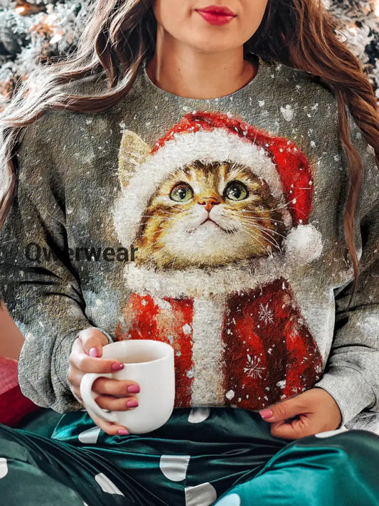 Women’s Christmas Cat Pattern Casual Round Neck Long Sleeve Sweatshirt Colorful / S
