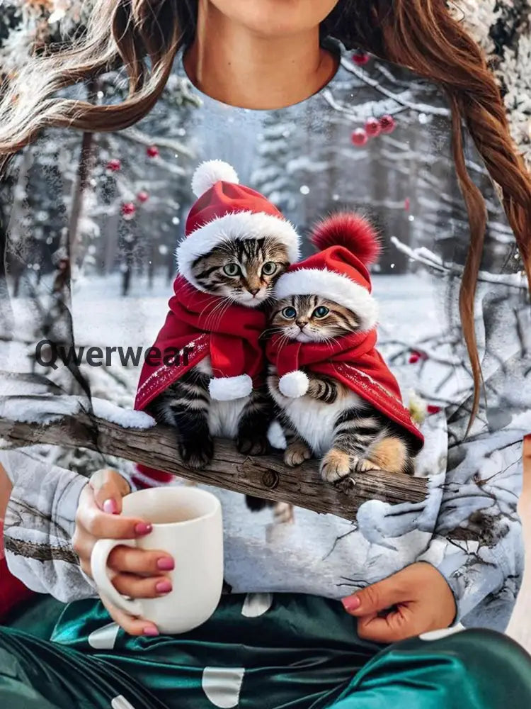 Women’s Christmas Cat Winter Snow Print Long Sleeve Top Mixed Color / S Women\’s Tops