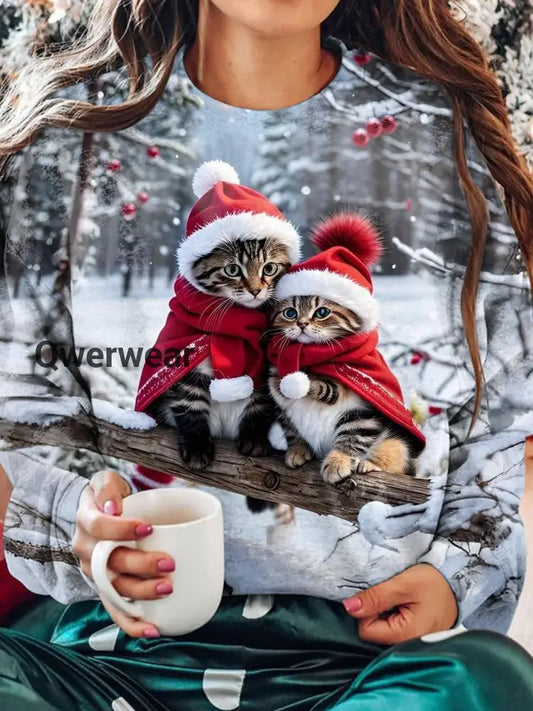 Women’s Christmas Cat Winter Snow Print Long Sleeve Top Mixed Color / S Women\’s Tops