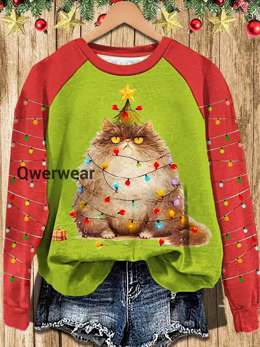 Women’s Christmas Lights Cat Long Sleeve Casual Top Mixed Color / S Women\’s Tops