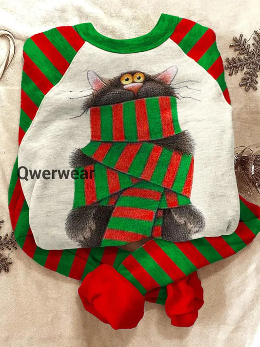 Women’s Christmas Scarf Cat Print Long Sleeve Casual Top Mixed Color / S Women\’s Tops
