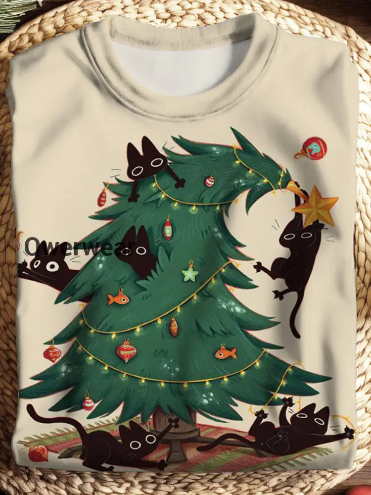 Women’s Christmas Tree Cute Cat Print Casual Long Sleeve Top Mixed Color / S Women\’s Tops