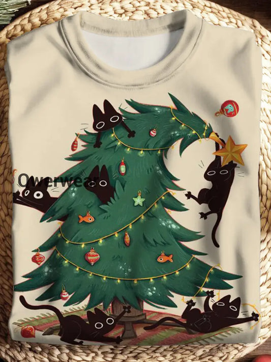 Women’s Christmas Tree Cute Cat Print Casual Long Sleeve Top Mixed Color / S Women\’s Tops