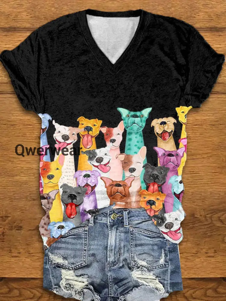 Women’s Colorful Dogs Print short-sleeved T-shirt Black / S