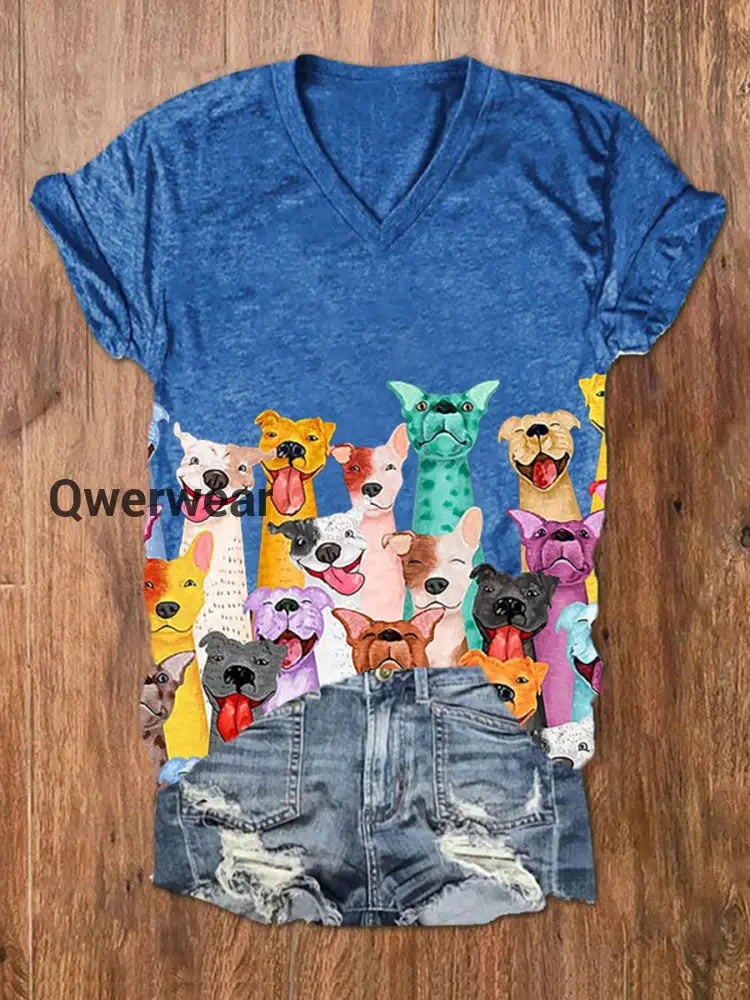 Women’s Colorful Dogs Print short-sleeved T-shirt Blue / S