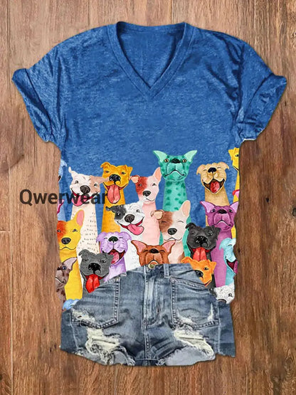 Women’s Colorful Dogs Print short-sleeved T-shirt Blue / S