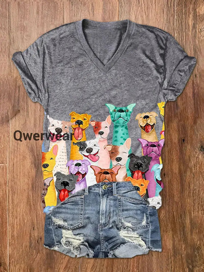 Women’s Colorful Dogs Print short-sleeved T-shirt Light Gray / S