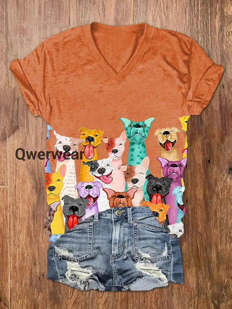 Women’s Colorful Dogs Print short-sleeved T-shirt Orange / S