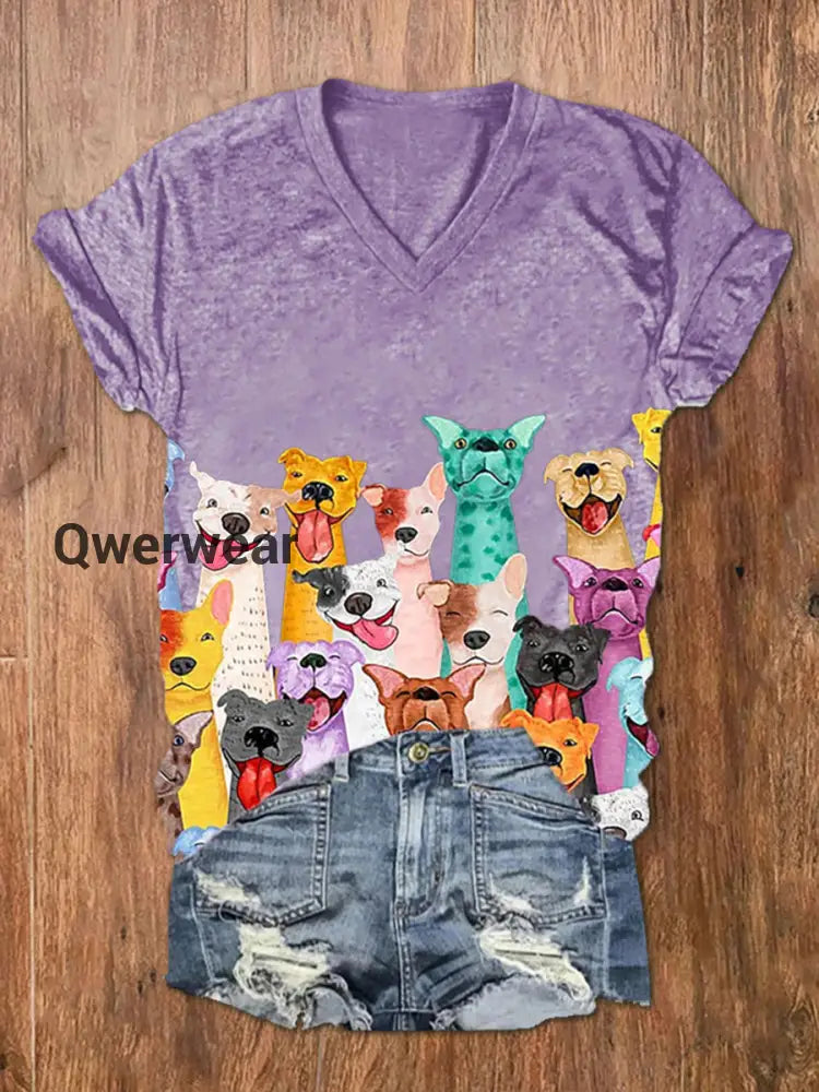 Women’s Colorful Dogs Print short-sleeved T-shirt Purple / S
