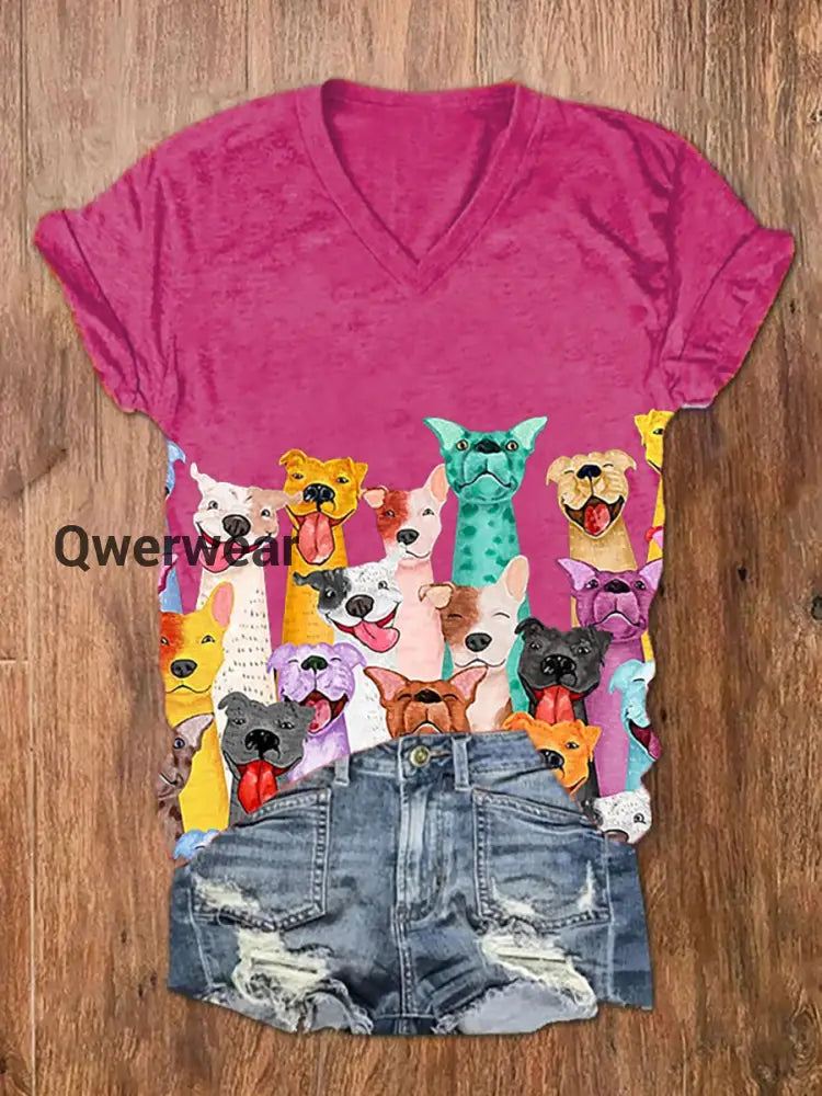 Women’s Colorful Dogs Print short-sleeved T-shirt Rose Red / S
