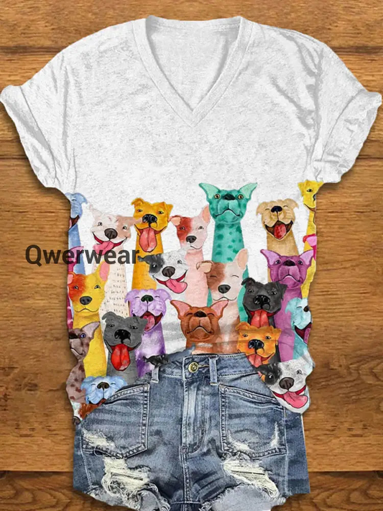 Women’s Colorful Dogs Print short-sleeved T-shirt White / S