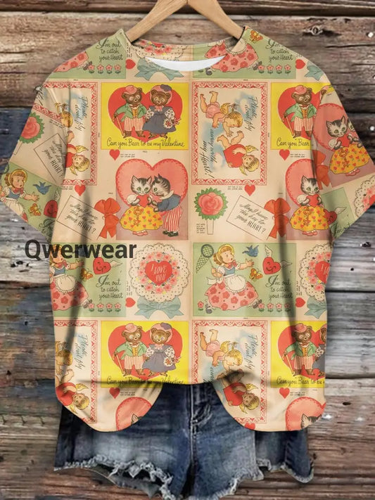 Women’s Cute Cat Bear Angel Greeting Card Retro Print T-shirt Mixed Color / S Women\’s Tops