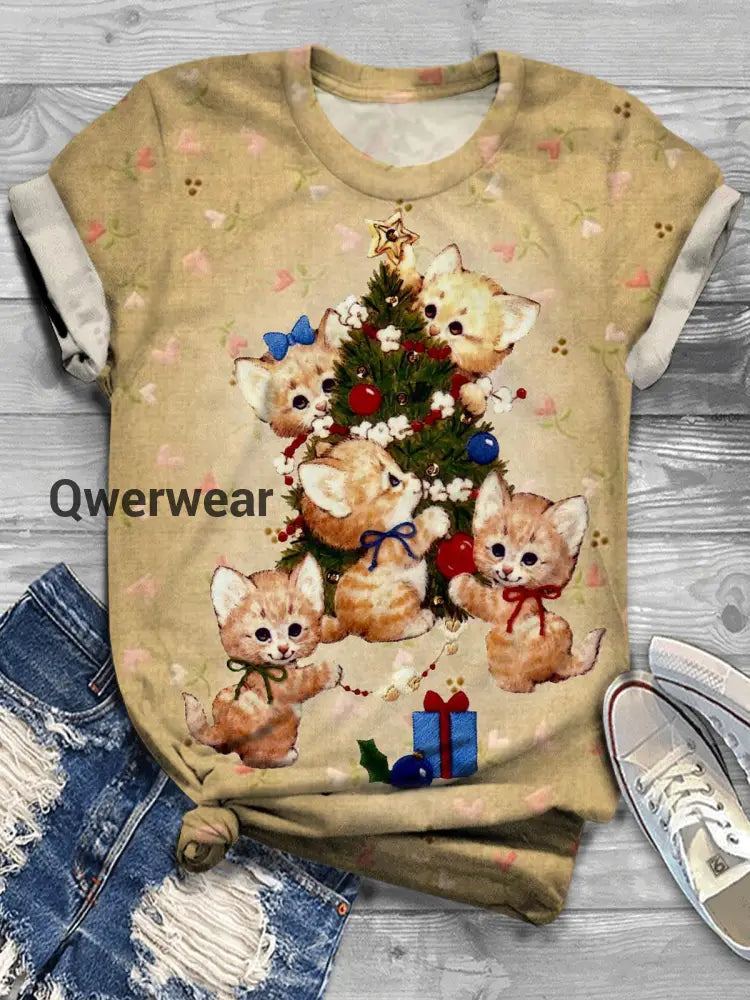 Women’s Cute Cat Christmas Vintage Print T-Shirt Mixed Color / S Women\’s Tops