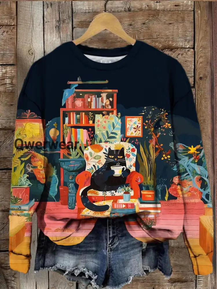 Women’s Cute Cat Country Style Print Long Sleeve Top Mixed Color / S Women\’s Tops