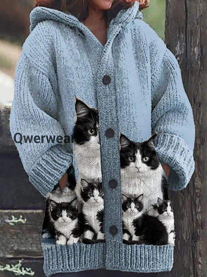 Women’s Cute Cat Pattern Knitted Casual Warm Hooded Cardigan Blue / S