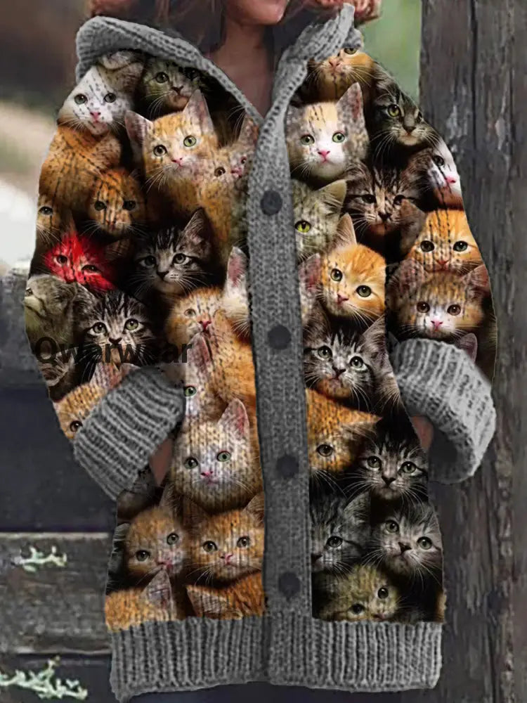 Women’s Cute Cat Pattern Knitted Casual Warm Hooded Cardigan Gray / S