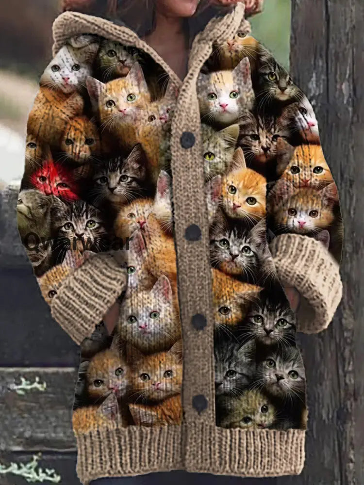 Women’s Cute Cat Pattern Knitted Casual Warm Hooded Cardigan Khaki / S