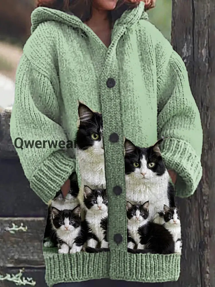 Women’s Cute Cat Pattern Knitted Casual Warm Hooded Cardigan Light Green / S