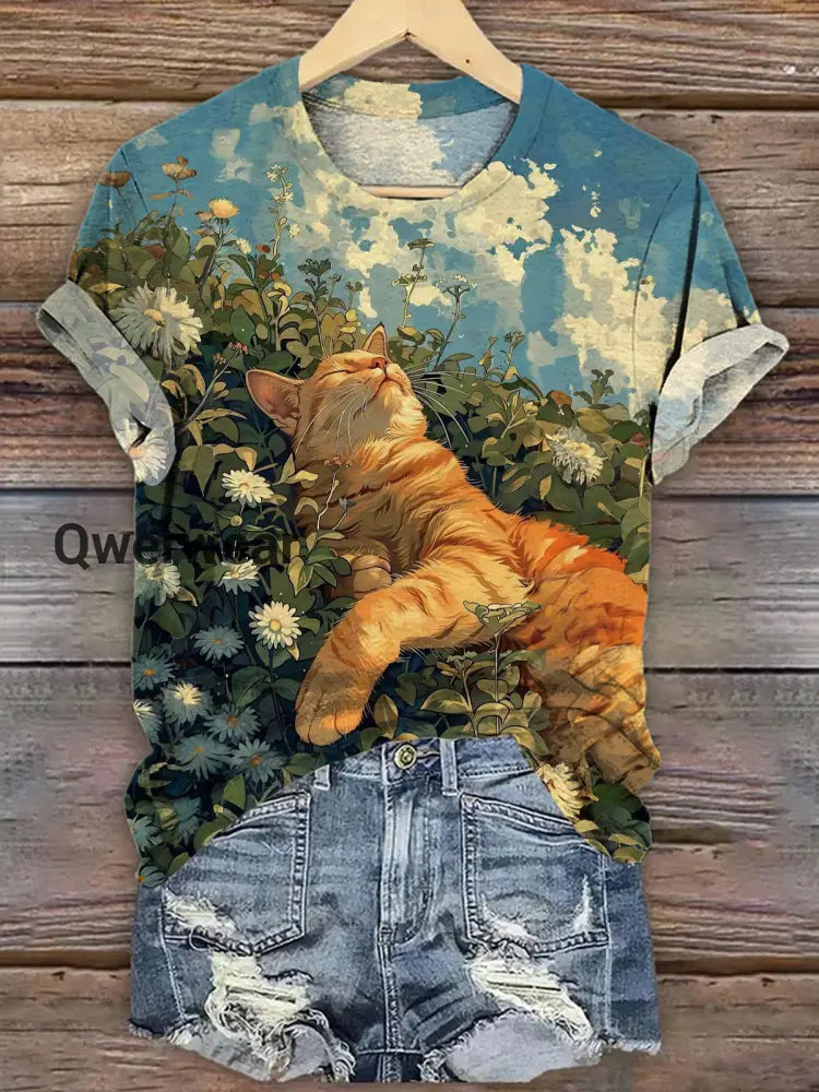 Women’s Cute Cat Sunshine Floral Print Round Neck Casual T-Shirt Mixed Color / S Women\’s Tops