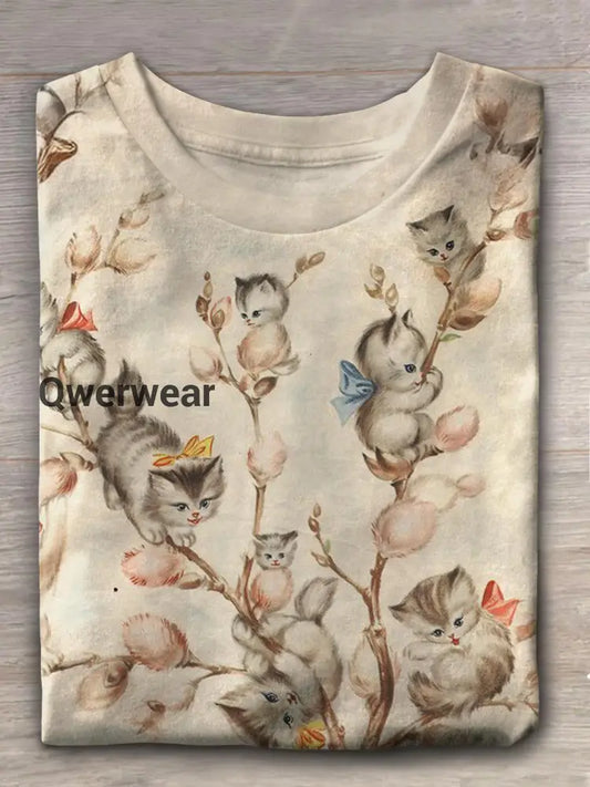 Women’s Cute Cat Tree Bow Vintage Print T-shirt Mixed Color / S Women\’s Tops