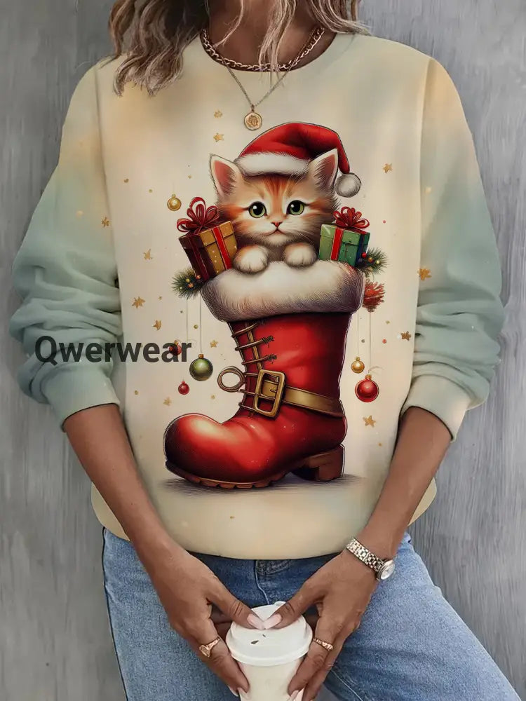 Women’s Cute Christmas Cat Long Sleeve Casual Top Mixed Color / S Women\’s Tops