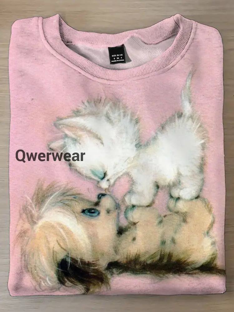 Women’s Cute Puppy and Cat Print Long Sleeve Top Mixed Color / S Women\’s Tops