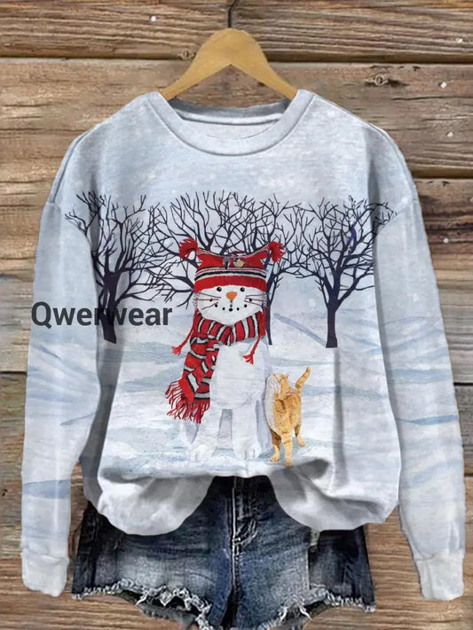 Women’s Cute Snowman And Cat Christmas Printed Long Sleeve Casual Sweatshirt Mixed Color / S Women\’s Tops