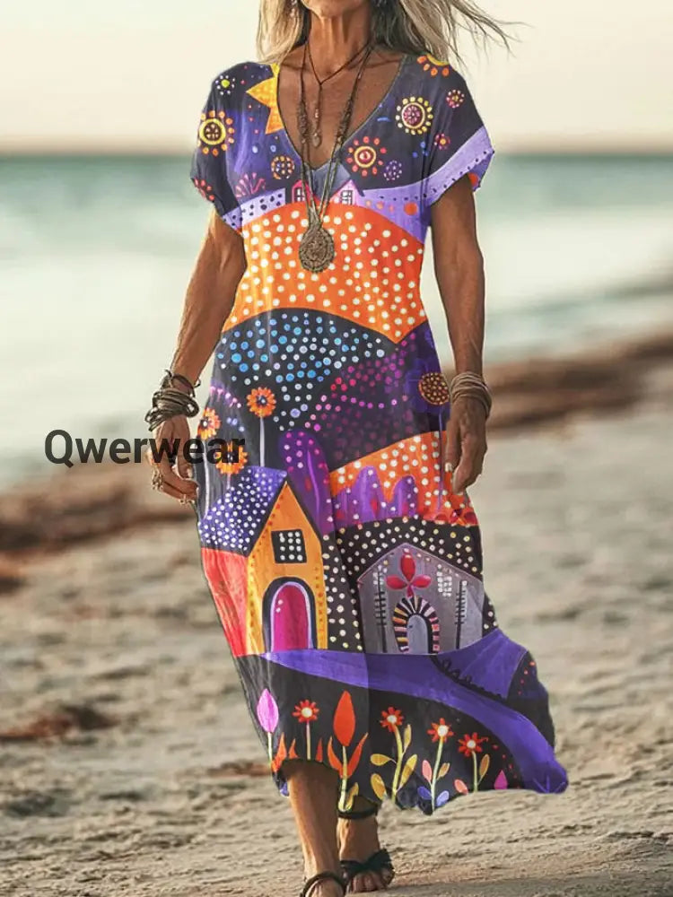 Women’s Dot Painting Art Print Cotton Linen V-Neck Short Sleeve Dress S