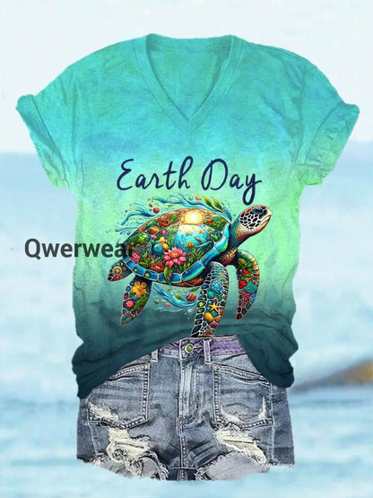 Women’s Earth Day V Neck T-Shirt Blue-Green / S