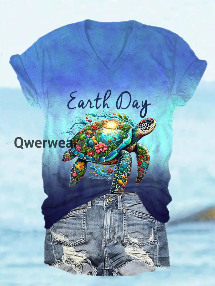 Women’s Earth Day V Neck T-Shirt Blue / S