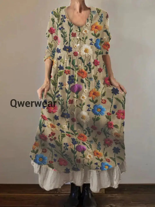 Women’s Embroidered Floral Print Cotton and Linen Double Layer 3/4 Sleeve Dress Khaki / S