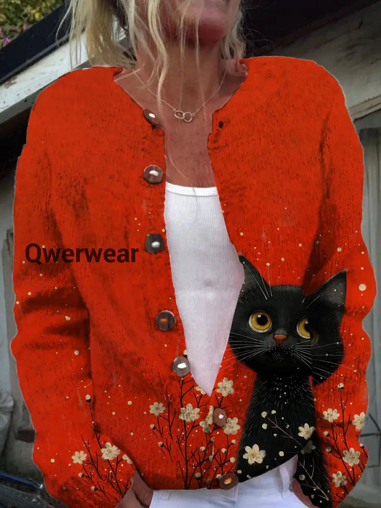 Women’s Fashion Elegant Cat Art Print Button Long Sleeve Sweater Cardigan Red / S