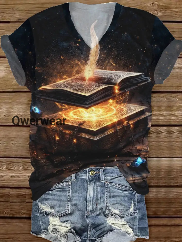Women’s Fashion Elegant Magic Book Art Print V-Neck Short Sleeve T-Shirt Top A / S