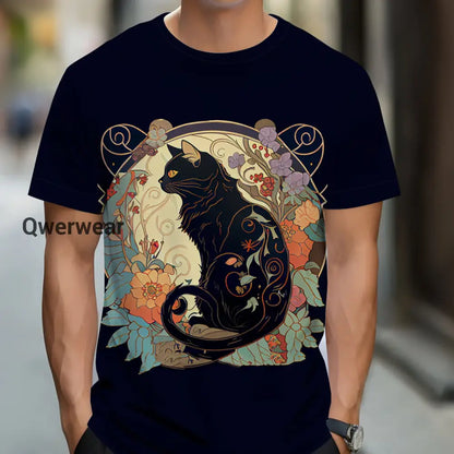 Women’s Floral Cat Print Short Sleeve Casual Top Halloween