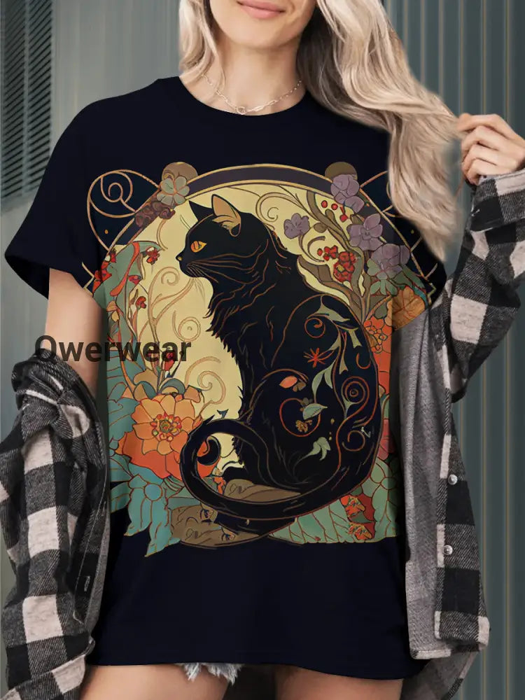 Women’s Floral Cat Print Short Sleeve Casual Top Halloween