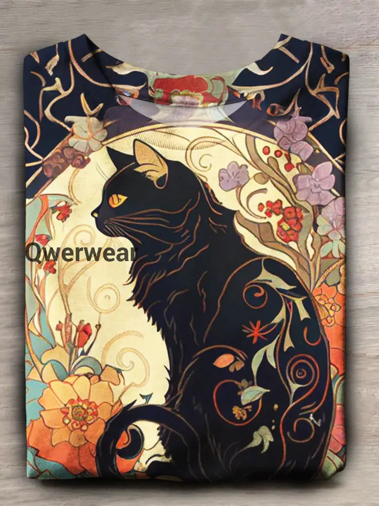 Women’s Floral Cat Print Short Sleeve Casual Top Mixed Color / S Halloween