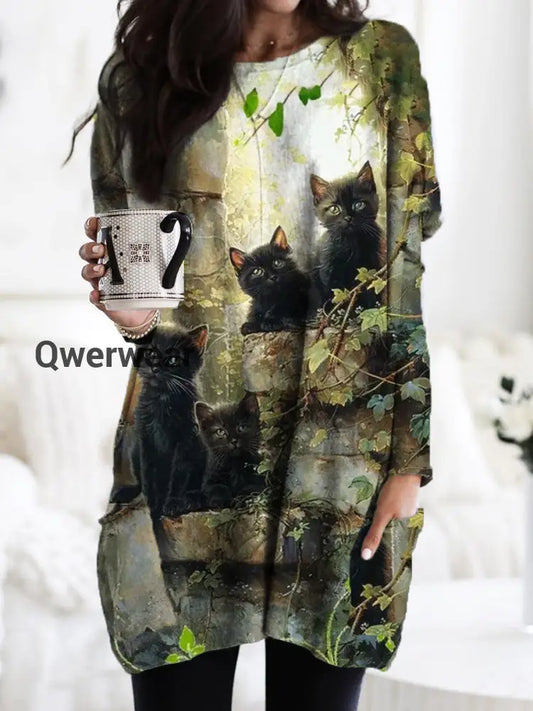 Women’s Four Cats Plant Pattern Casual Pocket Crew Neck Long Sleeve T-shirt Green / S