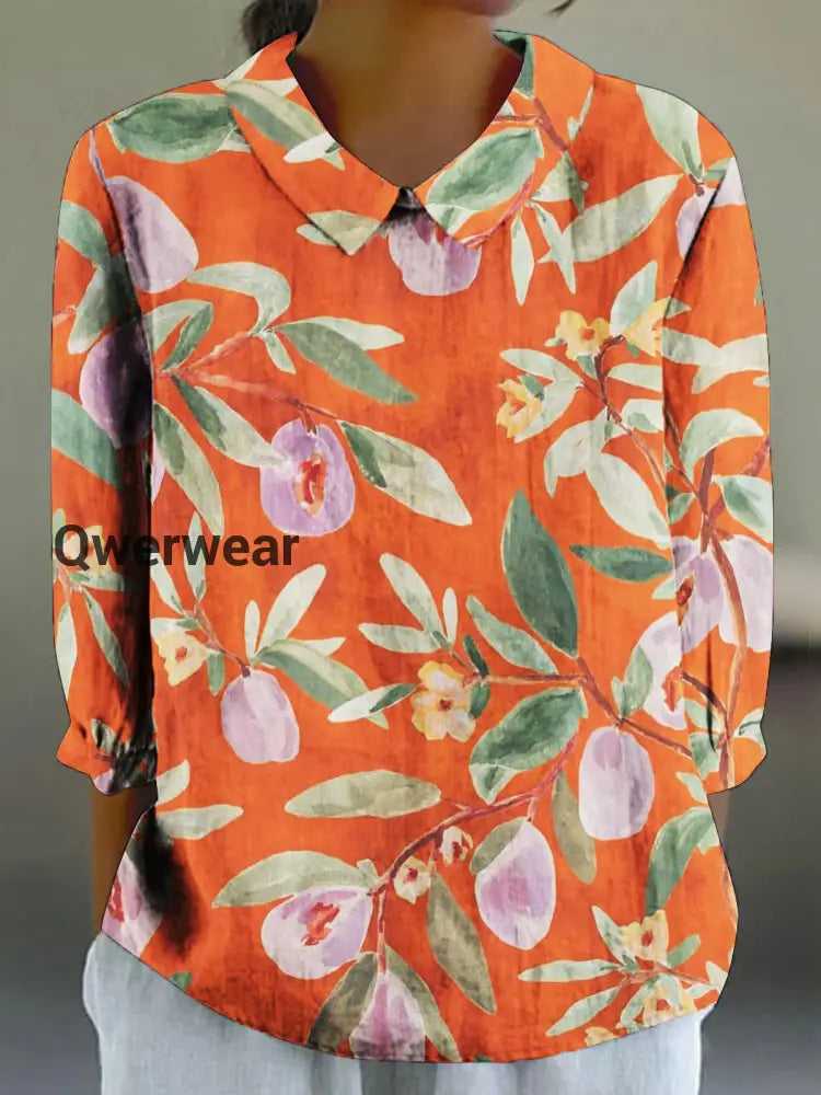 Women’s Fruit Art Print Cotton Linen 3/4 Sleeve Shirt Jacinth / S