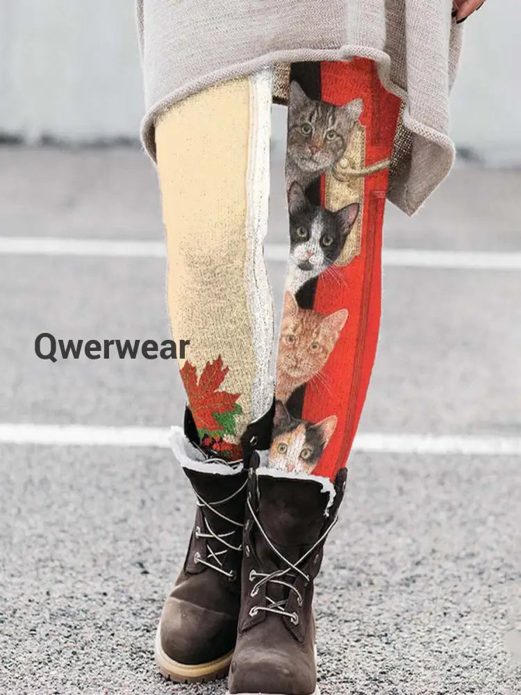 Women’s Fun Cat Contrast Pattern Casual Fleece Leggings Red / S